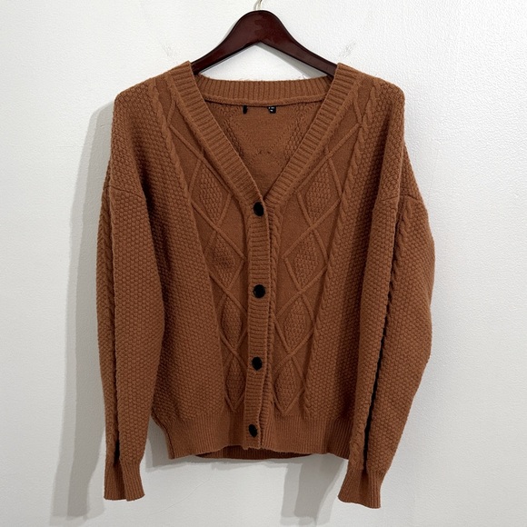 ZARA Chunky Cable Knit Cardigan Sweater Womens Size 6 Brown Button Up V Neck - Picture 1 of 9